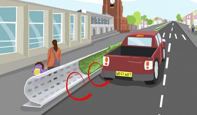 Остроумный дорожный барьер защитит пешеходов от автомобильных выхлопов